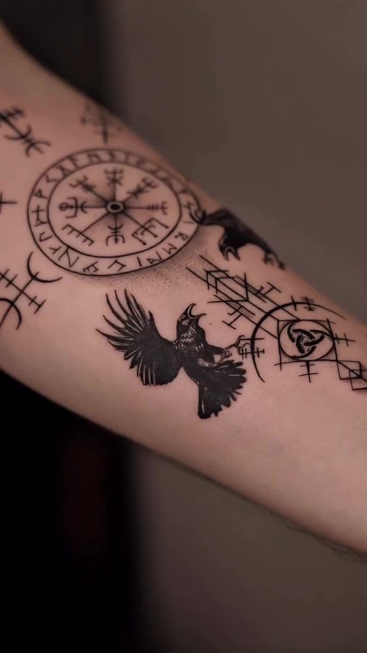 Nordic Compass and Ravens Forearm Piece