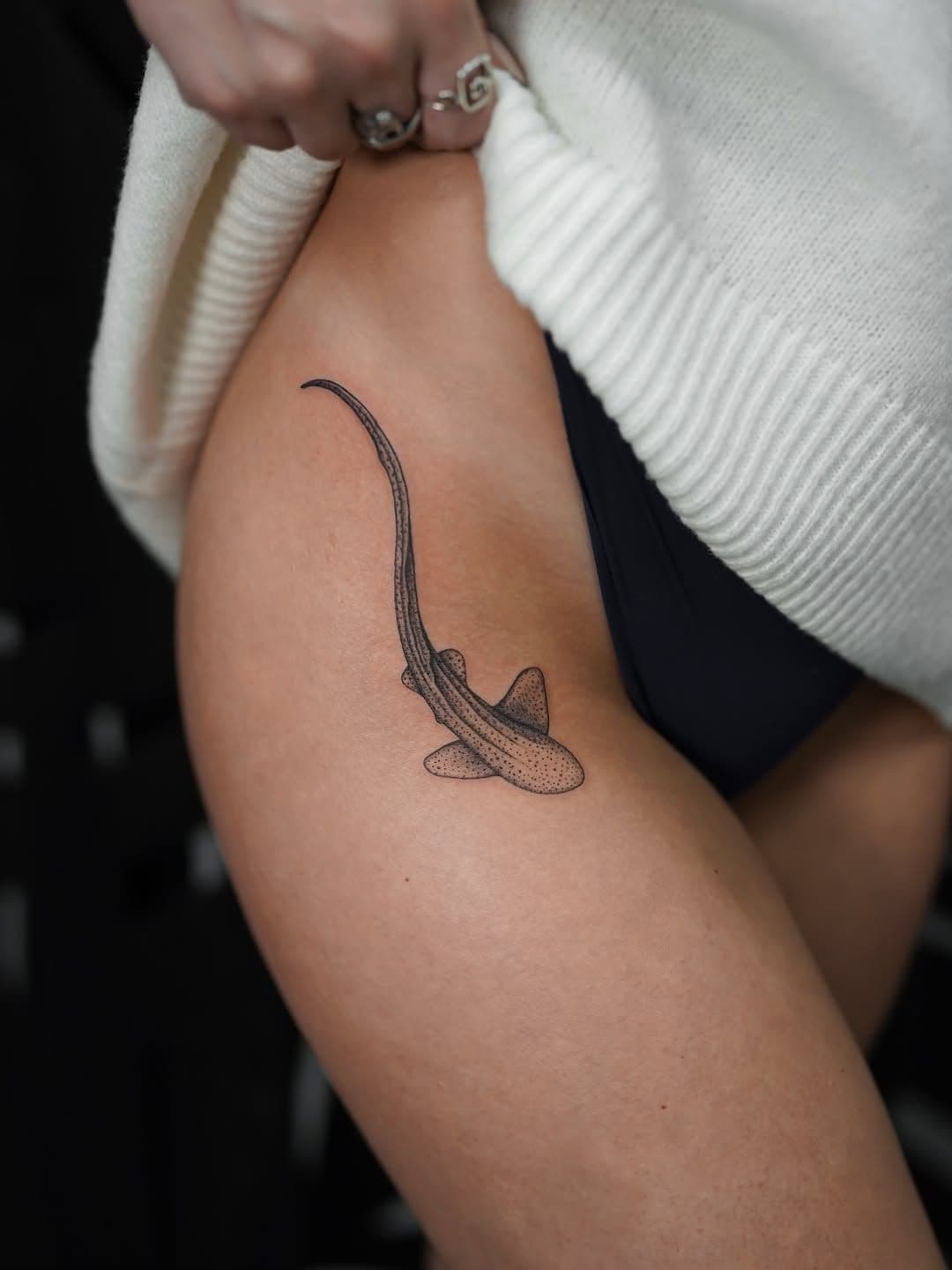 Spotted Shark Fine Line Upper Arm Tattoo
