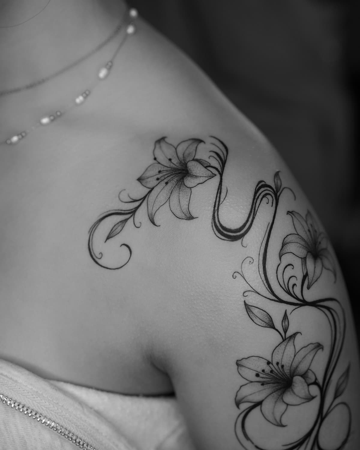 Floral Fine Line Shoulder Tattoo 1