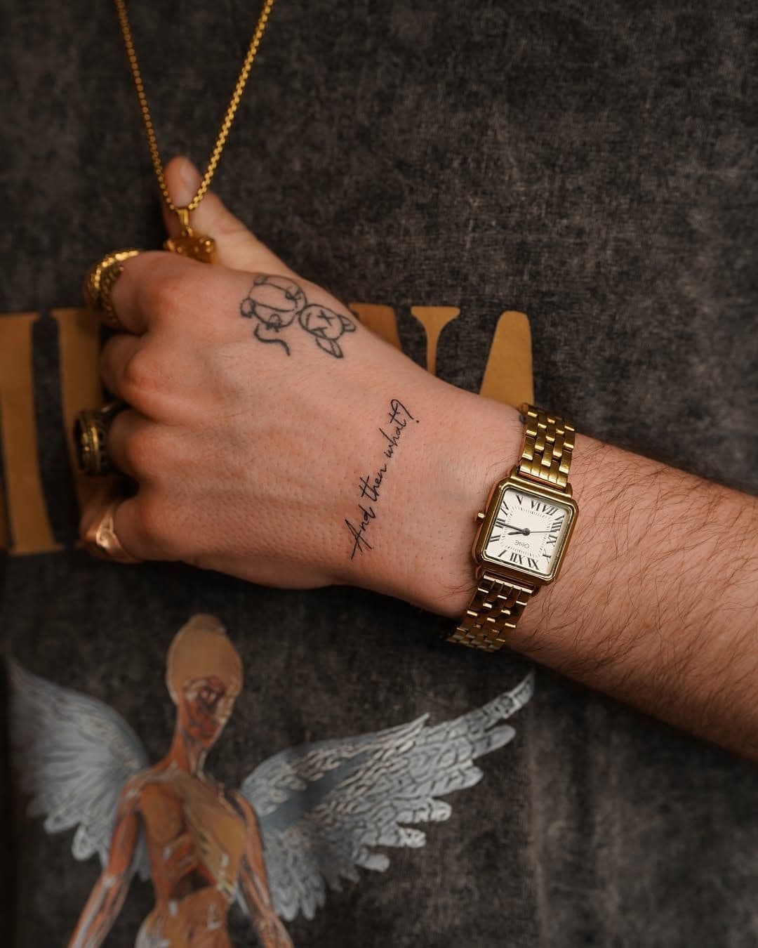 And Then What - Script and Floral Hand Tattoos